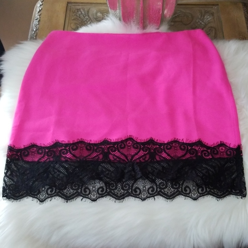Tobi Hot Pink Mini Skirt with Black Lace Trim